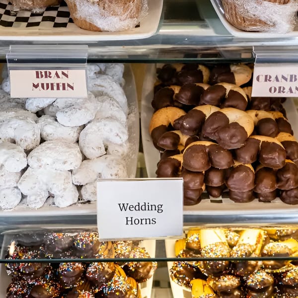 A deli display case filled with powdered sugar cookies, chocolate-dipped pastries, and sprinkle-covered treats.