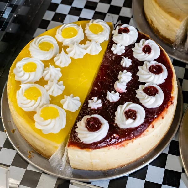 A cheesecake with half lemon and half cherry topping, garnished with whipped cream and meringue.