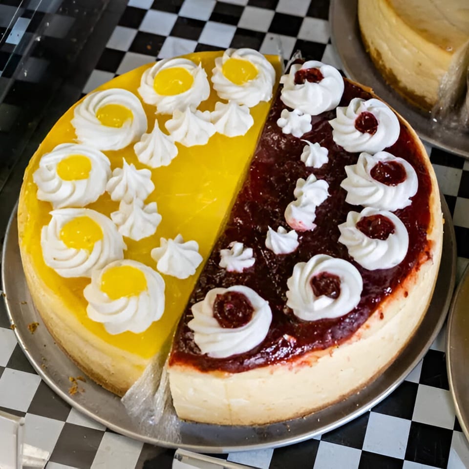 A cheesecake with half lemon and half cherry topping, garnished with whipped cream and meringue.