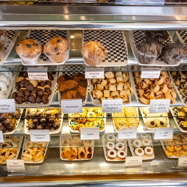 A deli display case filled with various baked goods, including muffins, cookies, and pastries.