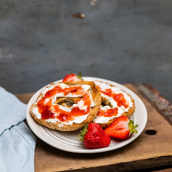 Two bagels with cream cheese and strawberry jam, garnished with fresh strawberries on a white plate.