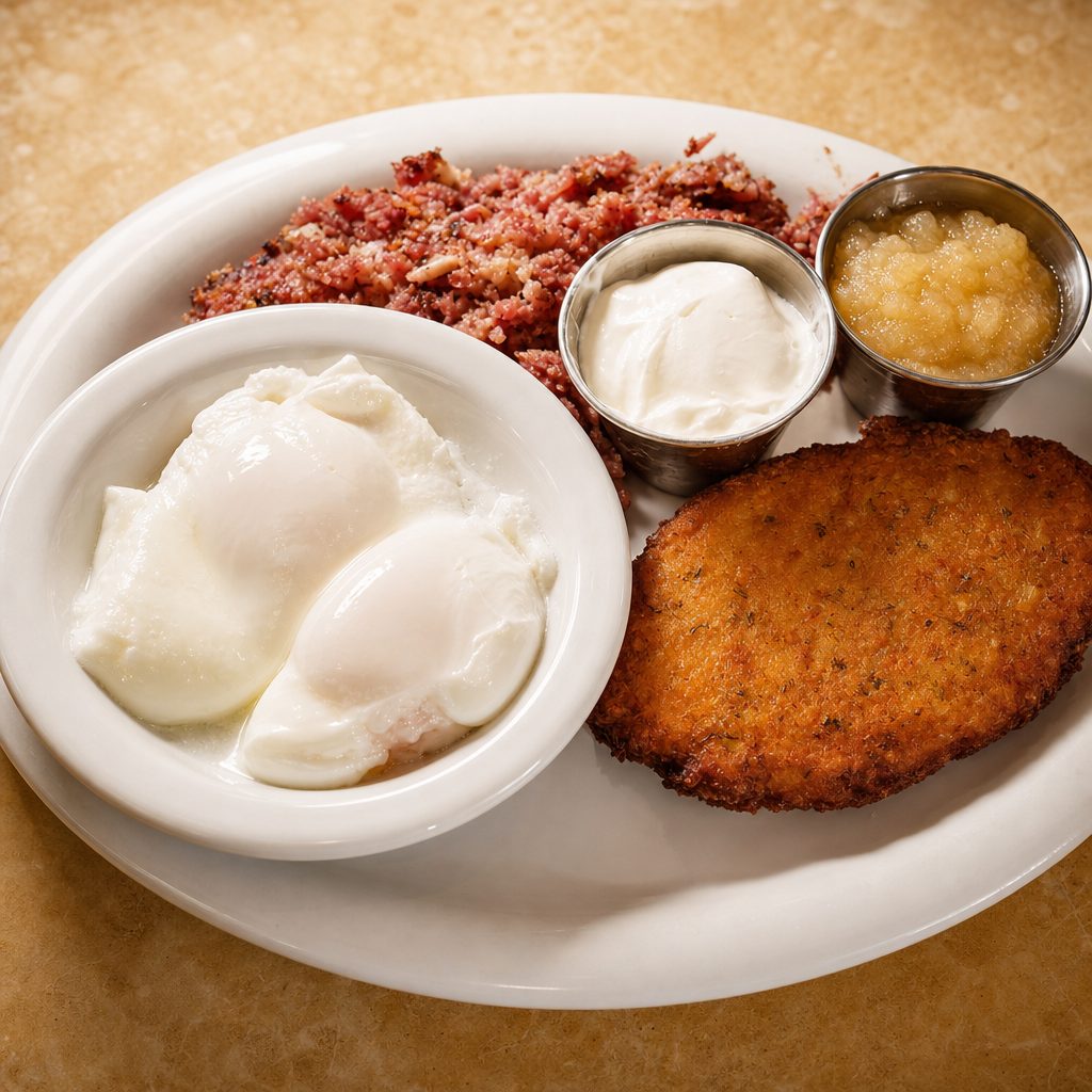 Corned Beef Hash & Poached Eggs.